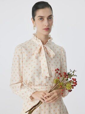 Goelia Women’s 2-Piece Elegant Out Silk Polka Dot Blouse & Skirt Set